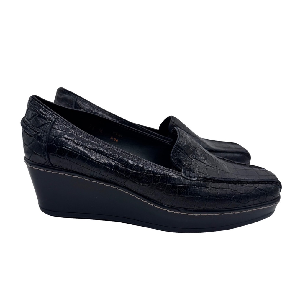 Donald J Pliner Women's 7.5 Black Wedge Loafers Croc Embossed Leather Peni